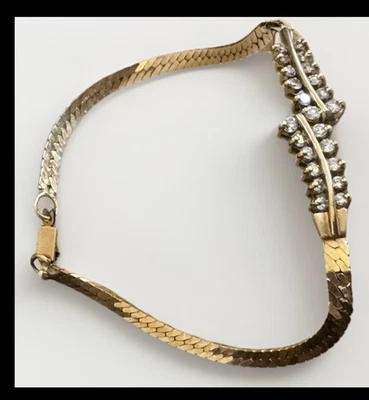 ESTATE 14k Yellow Gold 6 Inch Herringbone Diamond Bracelet UNIQUE VTG STAMPED - Image 1 of 4