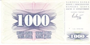 Bosnia and Herzegovina one thousand dinara 1992 circulated - Picture 1 of 2