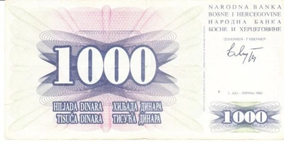 Bosnia and Herzegovina one thousand dinara 1992 circulated - Image 1 of 2