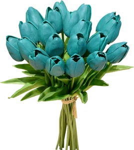 20Pcs Teal Flowers Artificial Tulip Silk Fake Flowers 13.5" for Christmas Center - Picture 1 of 13