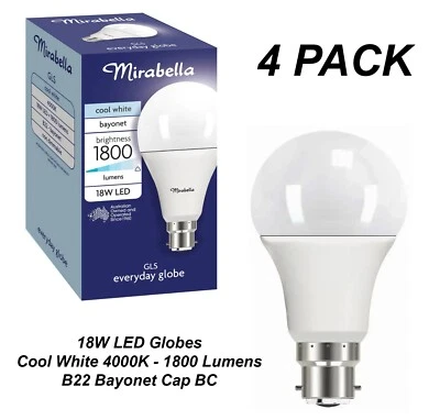 4 x 18W LED Light Globes Bulbs Lamps Cool White 4000K B22 Bayonet - 1800Lm - Image 1 of 4