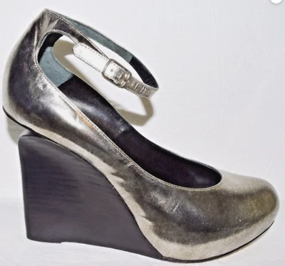 GEORGINA GOODMAN 7 M 37,5 СЕРЕБРО КОЖИ НА ТАНКЕТКЕ КАБЛУК ПЛАТФОРМА ЛОДЫЖКИ РЕМЕНЬ ТУФЛИ - Изображение 1 из 4