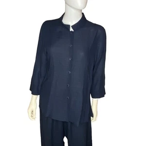 Eileen Fisher Navy Blue Linen Blend Blouse w/ Mandarin Collar sz M - Picture 1 of 8