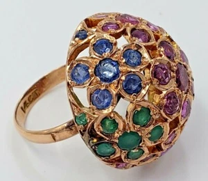14K YELLOW GOLD* SAPPHYRE, RUBY,AND EMERALDS DOME RING VINTAGE Size 6.25 US - Picture 1 of 10