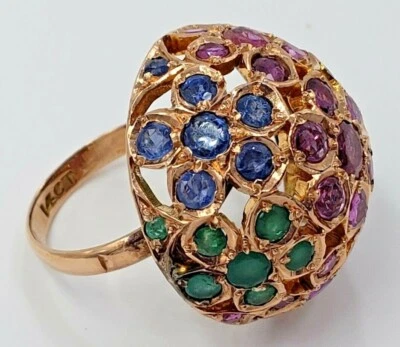 14K YELLOW GOLD SAPPHYRE, RUBY,AND EMERALDS DOME RING VINTAGE Size 6.25 US - Image 1 of 4