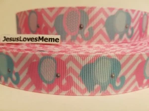 Grosgrain Ribbon Pastel Pink & Blue Elephants on Light Pink Chevron Baby 7/8" - Picture 1 of 1