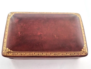 Vintage Jewellery Trinket Box Red Leather Gold Tone Embossing Lined 14cm x 9cm - Picture 1 of 6