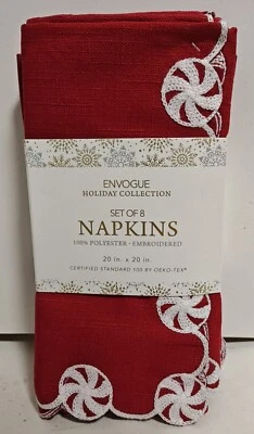 Set of 8 Red Cloth Napkins Embroidered Peppermint Candy Trim Holiday Christmas - Image 1 of 4