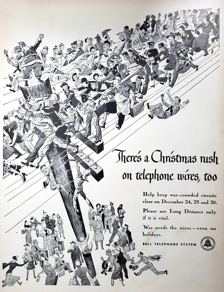 PRINT AD 1943 Christmas Bell Telephone Wires War Crowded Circuits Santa - Image 1 of 1
