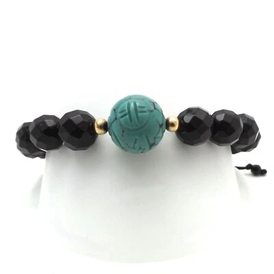Pulseira de cordão de ônix facetada preta folheada a ouro esculpida turquesa 8 polegadas - Imagem 1 de 4