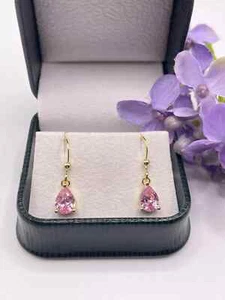 Yellow Gold Finish Pear Cut Pink Tourmaline Droplet Earrings with Gift Box - Picture 1 of 6