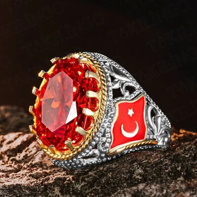 Anillo para hombre de plata de ley 925 con motivo de estrella de luna turca piedra de circón rojo Foto 1 de 4