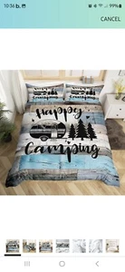 Boho Camper Decor Comforter Set Happy Camping Bedding Set King Black Grey Blue - Picture 1 of 6