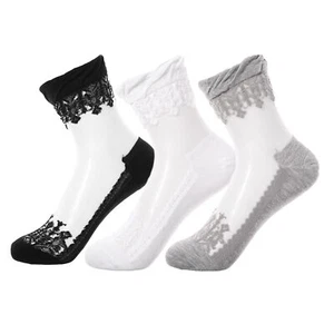 3 Pairs Ultra Thin Transparent Lace Elastic Sheer Short Socks for Women Black... - Picture 1 of 7