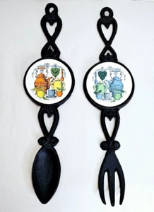 Vintage Cast Iron Fork & Spoon w/ Round Ceramic Tile Set Mid-Century Groovy MCM - Picture 1 of 18