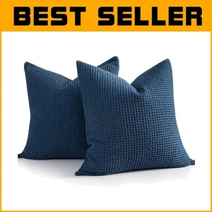 Set of 2 Dark Blue Waffle Weave Euro Pillow Covers - Luxurious Cotton Shams - Picture 1 of 9