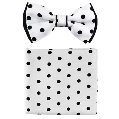 New formal Men's polyester pre-tied bow tie_hankie black white polka dots prom - Image 1 of 3