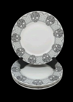 222 Fifth Skull Lace Dinner Plate Set of 4 Halloween Goth 10 5/8" - Image 1 of 4