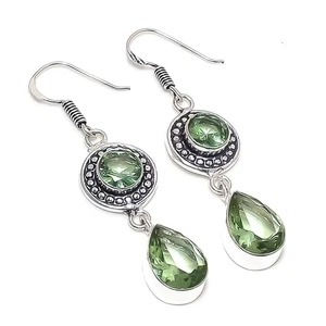 Green Amethyst Gemstone Handmade 925 Sterling Silver Jewelry Earring Size 2" - Picture 1 of 1