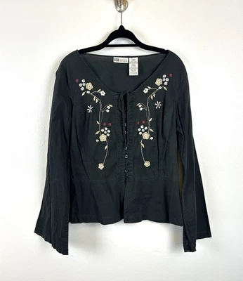 VTG Faded Glory Top Large Black Floral Embroidered Bell Sleeve Boho Y2K Festival - Image 1 of 4