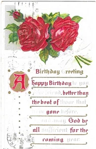 Lazo de cinta blanca vintage de rosas rojas de cumpleaños postal de felicitación en relieve - Imagen 1 de 2