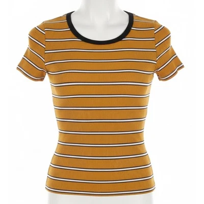 Charlotte Russe Top 婴儿 T 恤女式中号黄色条纹 Y2K 2000s 复古 PILLING — 第 1/4 张图片