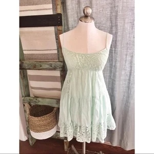 Mint Green 100% Cotton Mini Dress- Spaghetti Straps & Lace Detail- XS - Picture 1 of 5