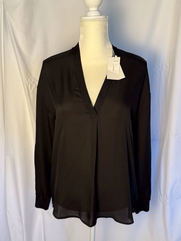 Vince Womens Silk V-Neck Long Sleeve Pullover Blouse Top Black Size S