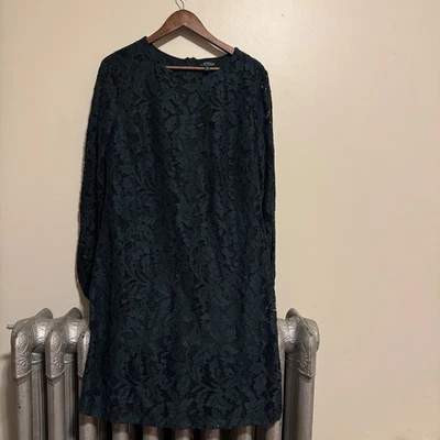 Lauren Ralph Lauren Women's Emerald Green Lace Long Sleeve Holiday Dress Size 14 - Image 1 of 3