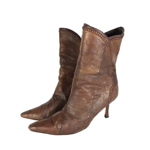 MANOLO BLAHNIK Women's US 9 EU 39,5 Textured Brown Leather Heeled Ankle Boots - Picture 1 of 20
