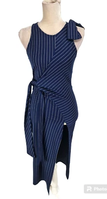 Mujer Azul Rayas Imitación Envoltura Azul Rayas Talla S Sin Mangas Elástico Cuello en V 273A Foto 1 de 4