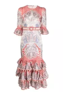 Zimmermann Vitali Tiered Hem Midi Dress| Blue/Pink, Paisely, Belted, Linen - Picture 1 of 13