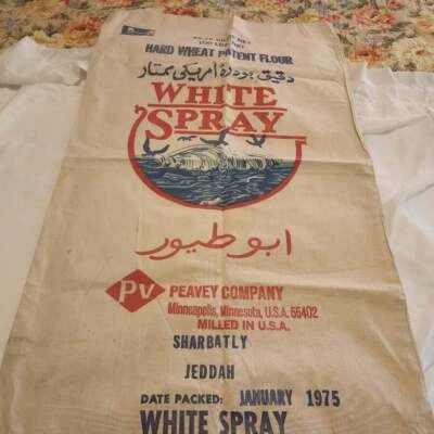 Saco de harina de tela Peavey Minneapolis 1975 vintage spray blanco 100 lb sin usar Foto 1 de 4
