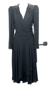 Vintage Casadei Black Chiffon Dress Beaded Shoulder RETRO GLAM SZ S - Picture 1 of 11