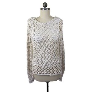 Massini Top Womens Large Ivory Crochet Solid Long Sleeve Boho Gypsy Beach
