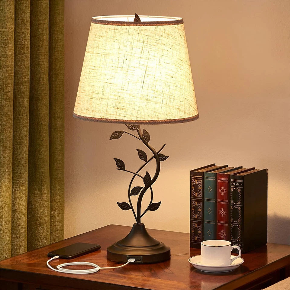 Bedside Table Lamp Touch Tall Nightstand Vintage Leaves Light USB Charge Station - image 1 of 4