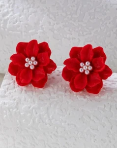 Red Flower Pearl Stud Earrings - Picture 1 of 10