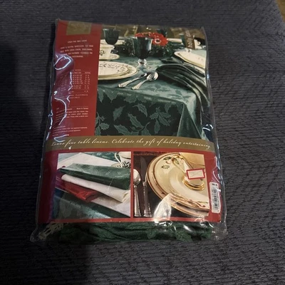 Lenox Holiday Holly Damask Green Tablecloth holiday Christmas 60” X 120” Oblong - Image 1 of 3
