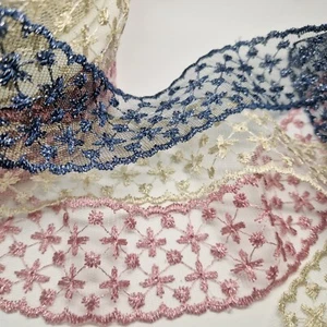 Embroidered Lace Net Tulle Flat Mesh Lace Edging Trim Silver Pink 1 METRE Ribbon - Picture 1 of 3