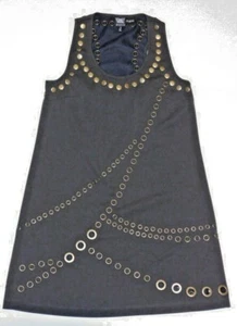 W Worth Mini Dress Black Golden Eyelet Trim Round Neck Sleeveless Sz 4 Embossed - Picture 1 of 8