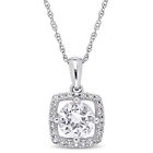 Amour 10K White Gold Created White Sapphire & Diamond Square Halo Necklace