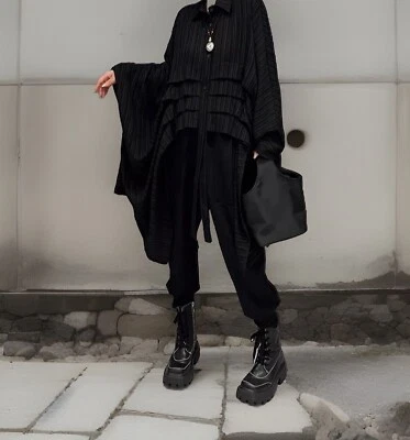 Black  Urban Street Chic Long Edgy Overlay Top Asymmetrical Layering Shirt 16 - Image 1 of 4