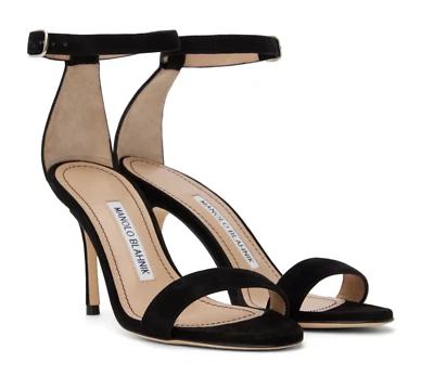 $845 NEW MANOLO BLAHNIK Chaos Black Suede Classic Heels Sandals IT 41.5 - Imagem 1 de 4