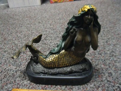 Art Decor Bronze on Marble Underframe Mermaid painted Figurine Statue - Image 1 of 4