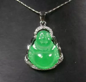 Gold Plated Green Jade Imitation Diamond Buddha Blessing Pendant Chain Necklace - Picture 1 of 10