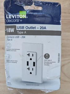 Leviton USB Outlet Tamper Resistant White Type A 18W 20A T5832-BW - Picture 1 of 4