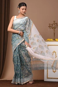 Blusa sari de algodón puro estampada con flores a mano india para mujer de uso tradicional - Imagen 1 de 3