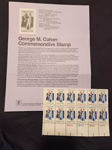 SCOTT #1756, George M. Cohan, PLATE BLOCK of 12 w/USPS descriptive info letter - Picture 1 of 2