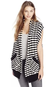 FOX Black & White Sweater Vest Cardigan Open Front Long Size S FOX Head EUC - Picture 1 of 5