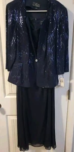 NWT Alex Evenings 2 Piece Sequin Satin Gown with Jacket Size 18 Navy Blue - Picture 1 of 6